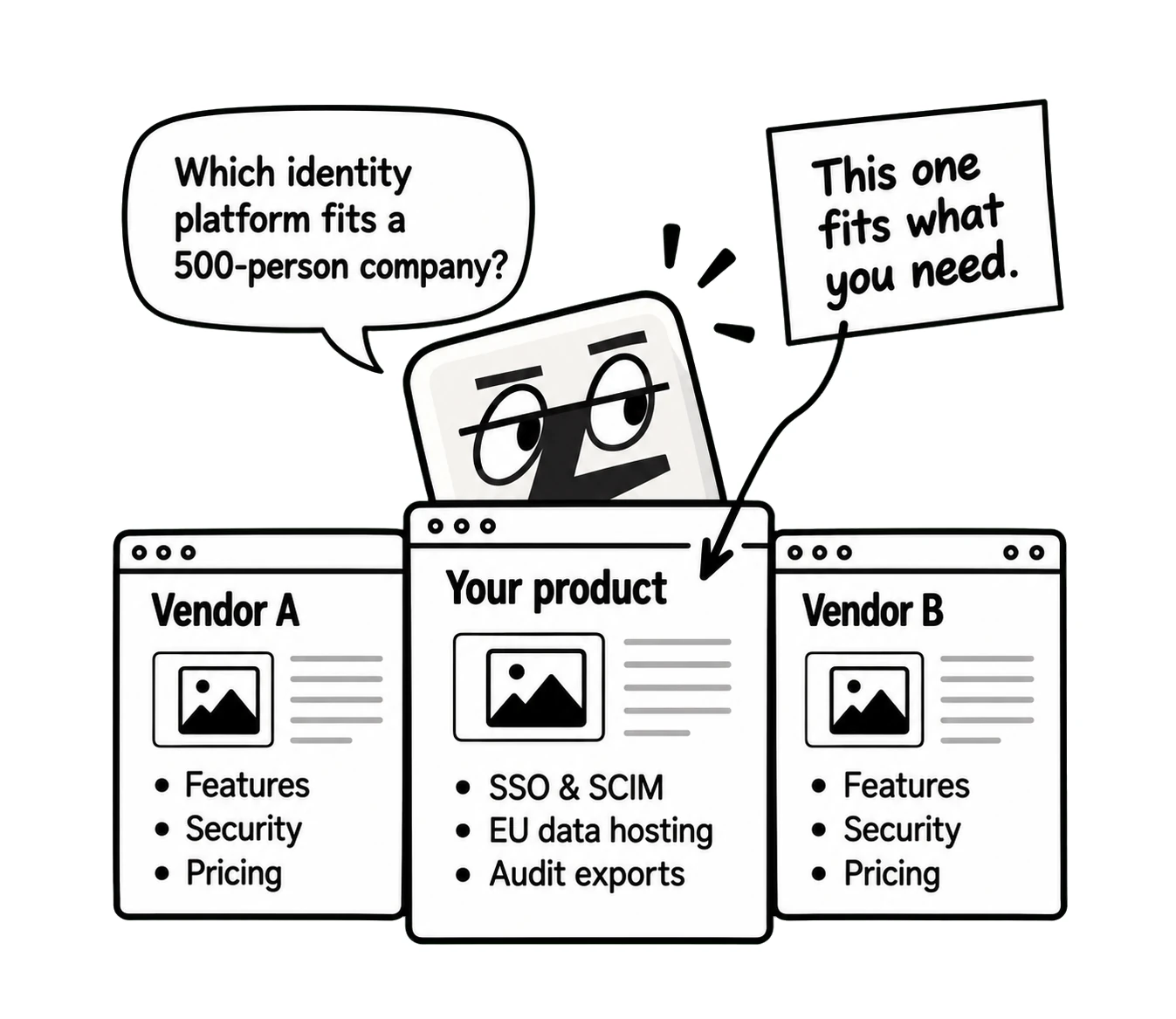 A curious Lazy compares public identity-platform pages for a 500-person company and finds a product matching SSO, EU hosting, and audit requirements.