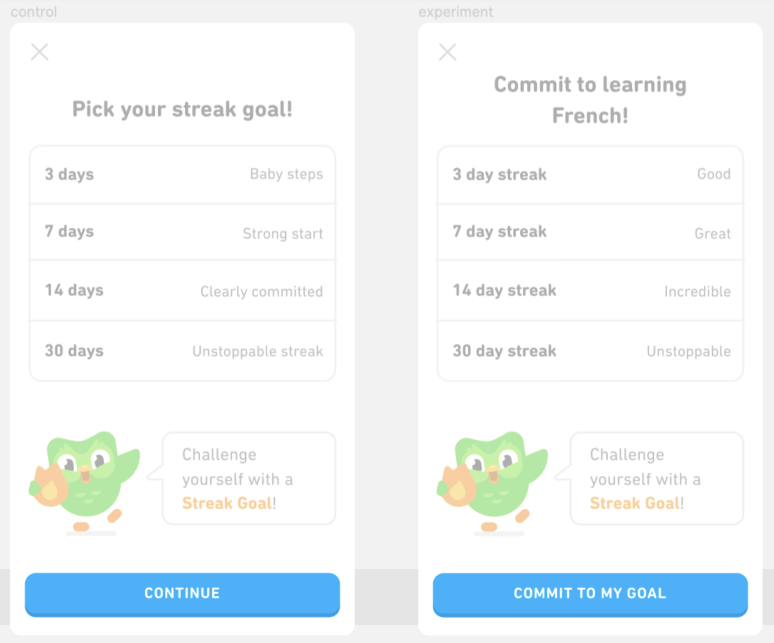 Control and Experiment goal screens with Continue and Commit to my goal actions.